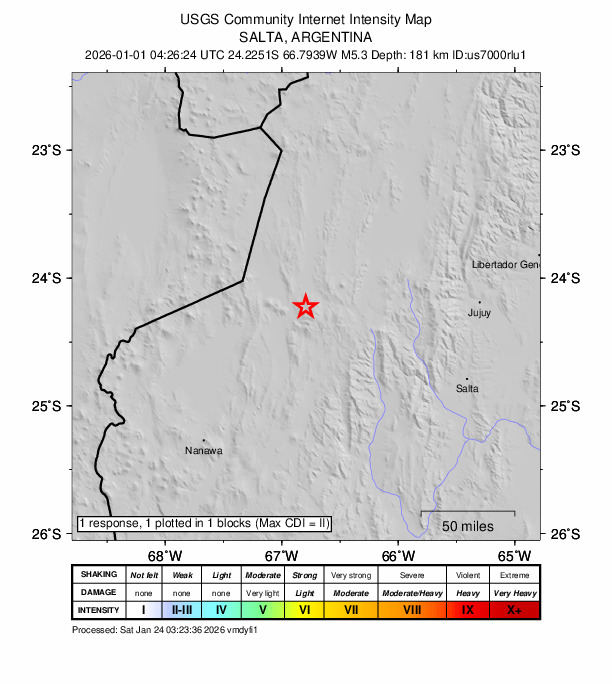 USGS DYFI community-reported intensity map for the M5.3 earthquake near 48 km W of San Antonio de los Cobres, Argentina