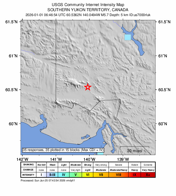 USGS DYFI community-reported intensity map for the M5.7 earthquake near 111 km N of Yakutat, Alaska