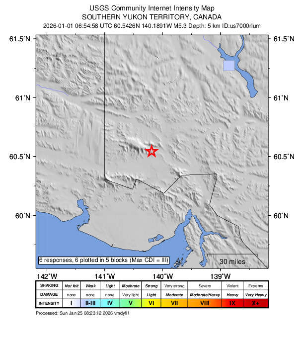 USGS DYFI community-reported intensity map for the M5.3 earthquake near 113 km NNW of Yakutat, Alaska