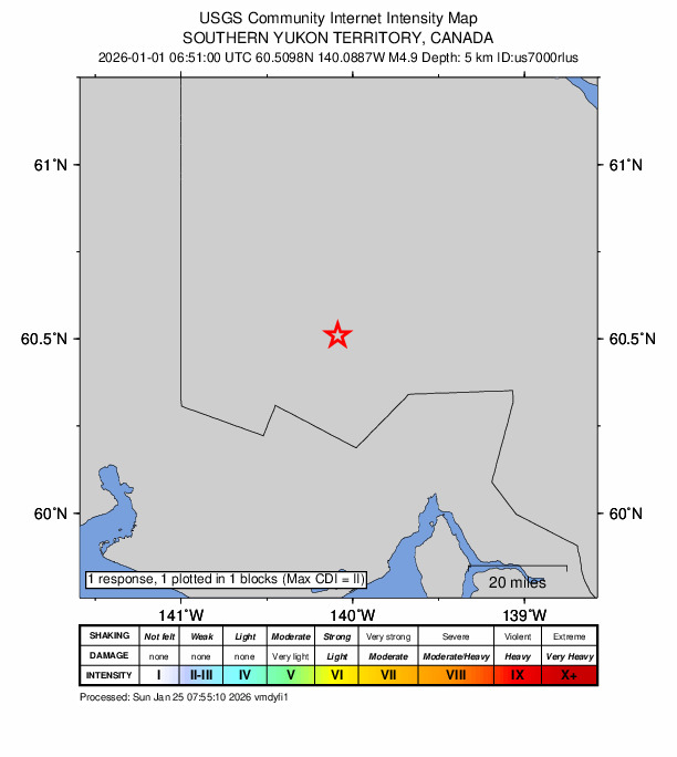 USGS DYFI community-reported intensity map for the M4.9 earthquake near 109 km N of Yakutat, Alaska