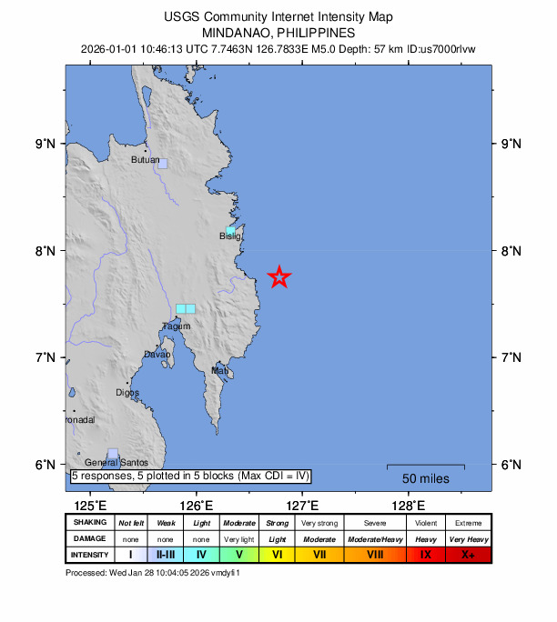 USGS DYFI community-reported intensity map for the M5.0 earthquake near 26 km ENE of Kinablangan, Philippines