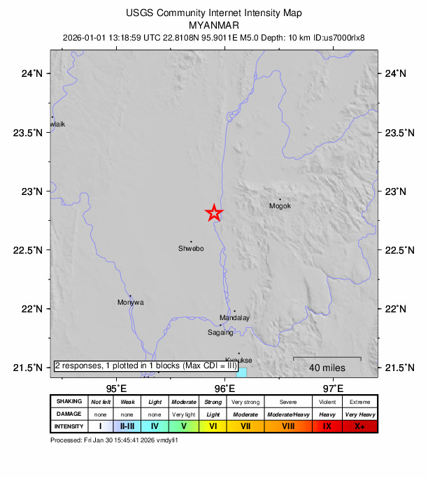 USGS DYFI community-reported intensity map for the M5.0 earthquake near 33 km NE of Shwebo, Burma (Myanmar)