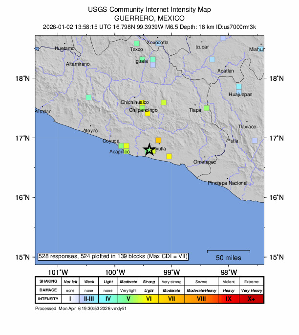 USGS DYFI community-reported intensity map for the M6.5 earthquake near 0 km W of San Marcos, Mexico
