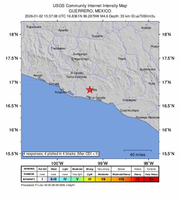 USGS DYFI community-reported intensity map for the M4.6 earthquake near 8 km SE of San Marcos, Mexico