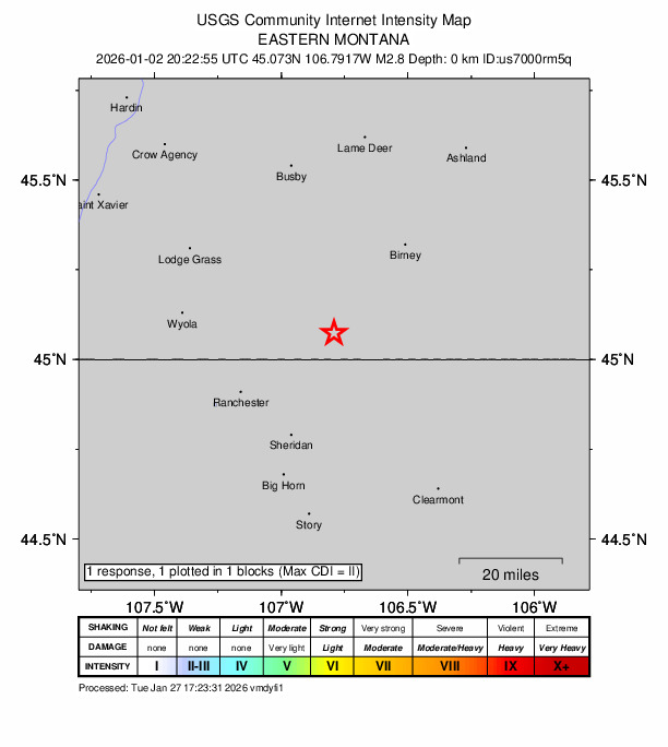 USGS DYFI community-reported intensity map for the M2.8 earthquake near 33 km NNE of Sheridan, Wyoming
