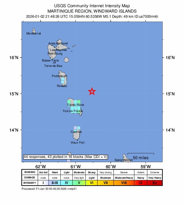 USGS DYFI community-reported intensity map for the M5.1 earthquake near 57 km ENE of Sainte-Marie, Martinique