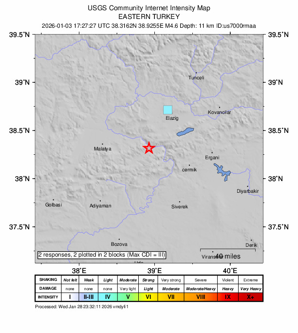USGS DYFI community-reported intensity map for the M4.5 earthquake near 8 km WSW of Doğanyol, Turkey