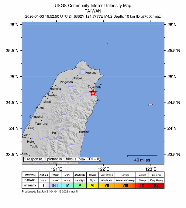 USGS DYFI community-reported intensity map for the M4.2 earthquake near 8 km SSE of Yilan, Taiwan