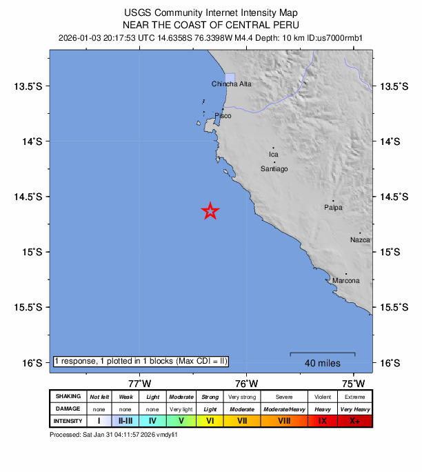 USGS DYFI community-reported intensity map for the M4.4 earthquake near 94 km SSW of Paracas, Peru