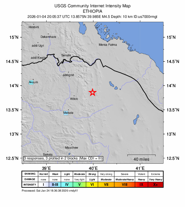 USGS DYFI community-reported intensity map for the M4.5 earthquake near 68 km NE of Mek'ele, Ethiopia