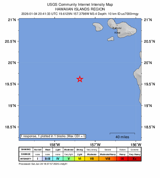 USGS DYFI community-reported intensity map for the M3.4 earthquake near 142 km SSW of Lanai City, Hawaii