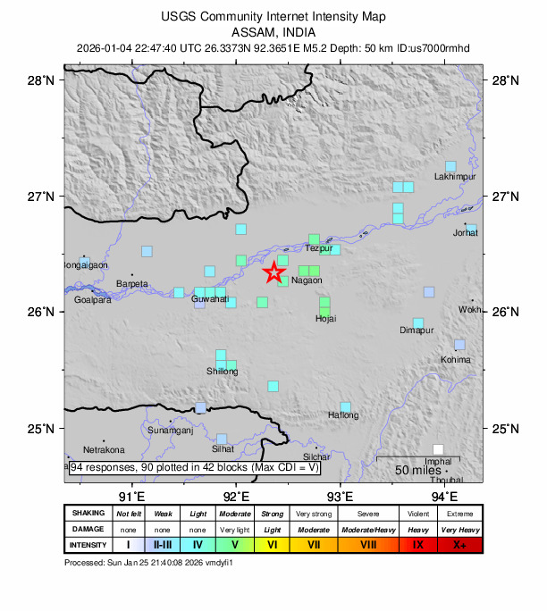 USGS DYFI community-reported intensity map for the M5.2 earthquake near 13 km NNE of Morigaon, India