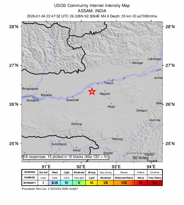 USGS DYFI community-reported intensity map for the M4.9 earthquake near 9 km NNW of Morigaon, India