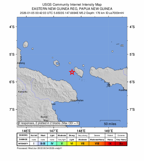 USGS DYFI community-reported intensity map for the M5.2 earthquake near 103 km N of Finschhafen, Papua New Guinea