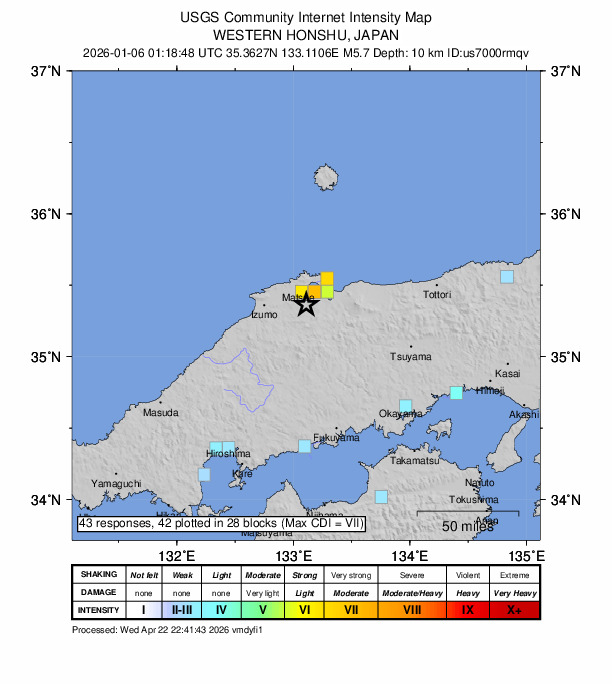 USGS DYFI community-reported intensity map for the M5.7 earthquake near 13 km WSW of Yasugichō, Japan