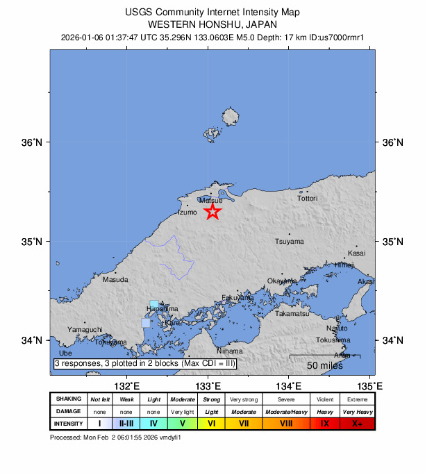 USGS DYFI community-reported intensity map for the M5.0 earthquake near 17 km S of Matsue, Japan