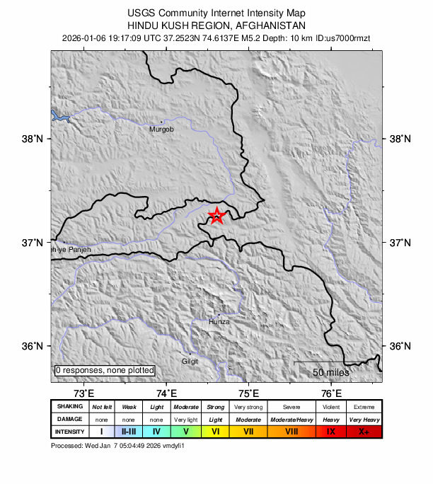 USGS DYFI community-reported intensity map for the M5.0 earthquake near 100 km N of Barishal, Pakistan