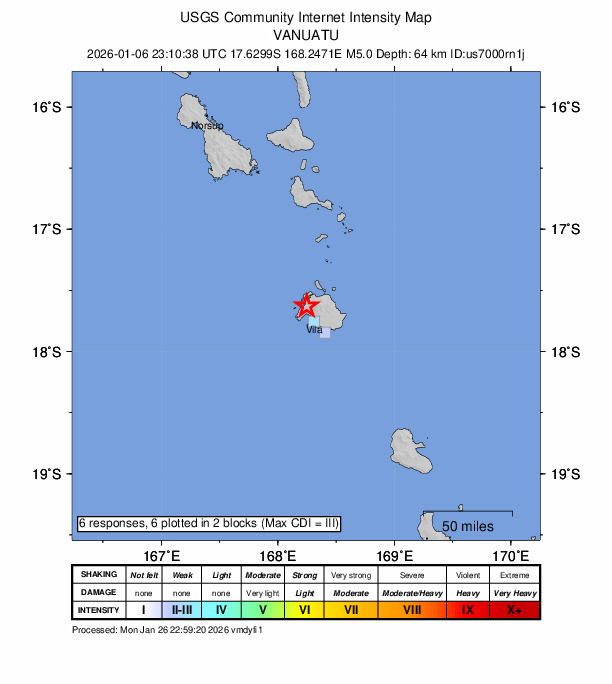 USGS DYFI community-reported intensity map for the M5.0 earthquake near 13 km NNW of Port-Vila, Vanuatu