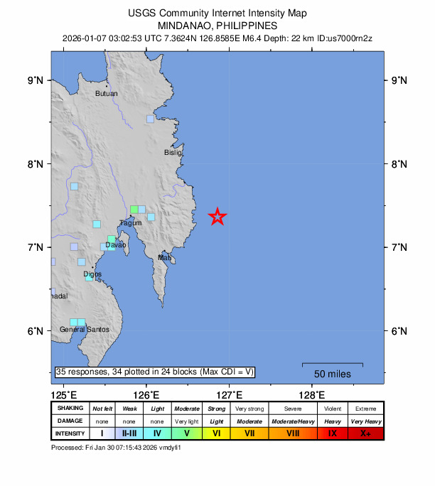 USGS DYFI community-reported intensity map for the M6.4 earthquake near 35 km E of Santiago, Philippines