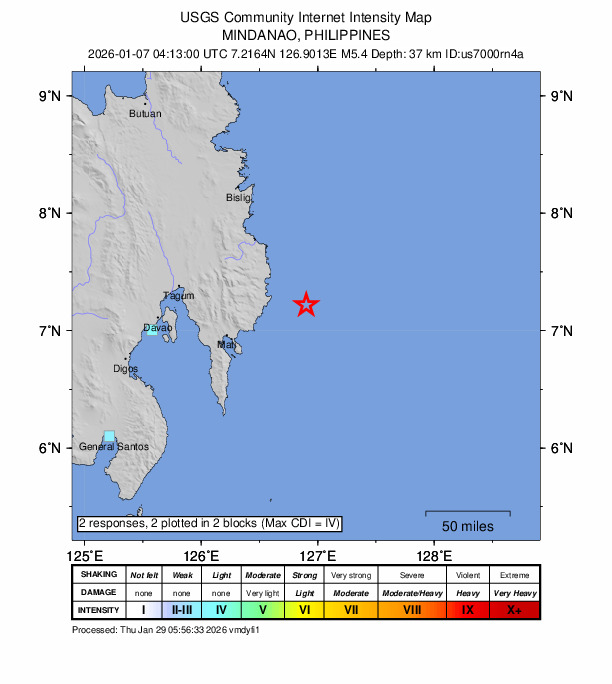USGS DYFI community-reported intensity map for the M5.4 earthquake near 49 km E of Santiago, Philippines