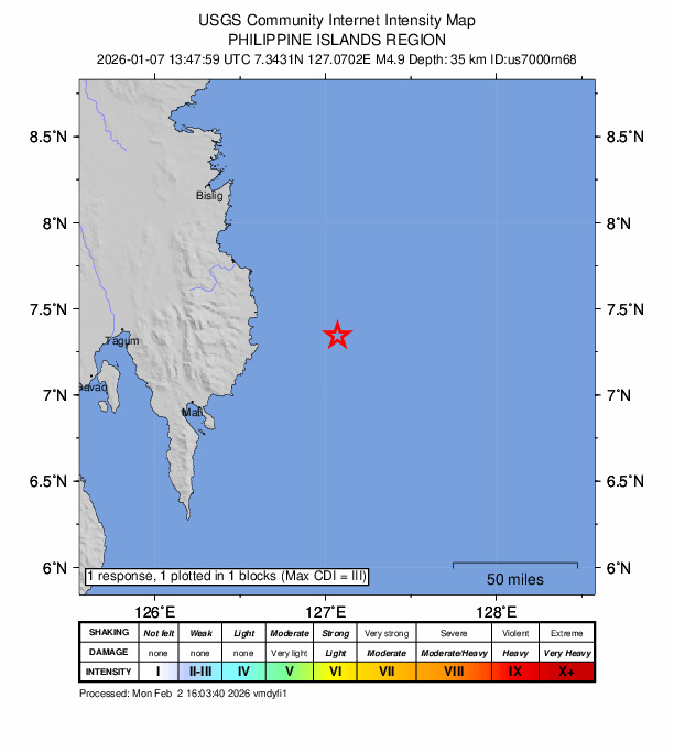USGS DYFI community-reported intensity map for the M4.9 earthquake near 55 km ESE of Baculin, Philippines