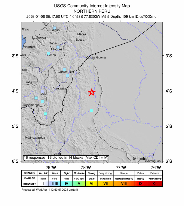 USGS DYFI community-reported intensity map for the M5.5 earthquake near 105 km ESE of Yantzaza, Ecuador