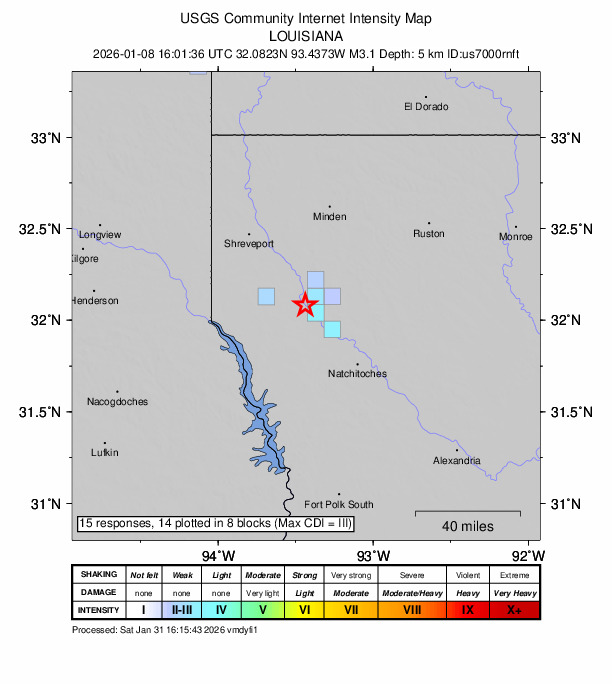 USGS DYFI community-reported intensity map for the M3.1 earthquake near 9 km WNW of Edgefield, Louisiana
