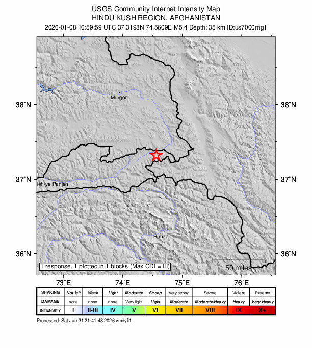 USGS DYFI community-reported intensity map for the M5.1 earthquake near 104 km SSE of Murghob, Tajikistan