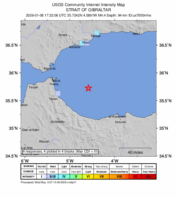 USGS DYFI community-reported intensity map for the M4.4 earthquake near 63 km E of Martil, Morocco
