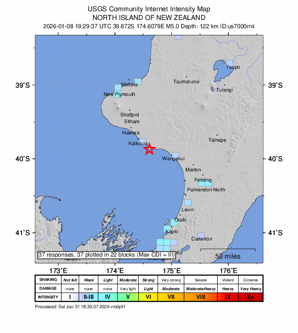 USGS DYFI community-reported intensity map for the M5.0 earthquake near 16 km SE of Patea, New Zealand