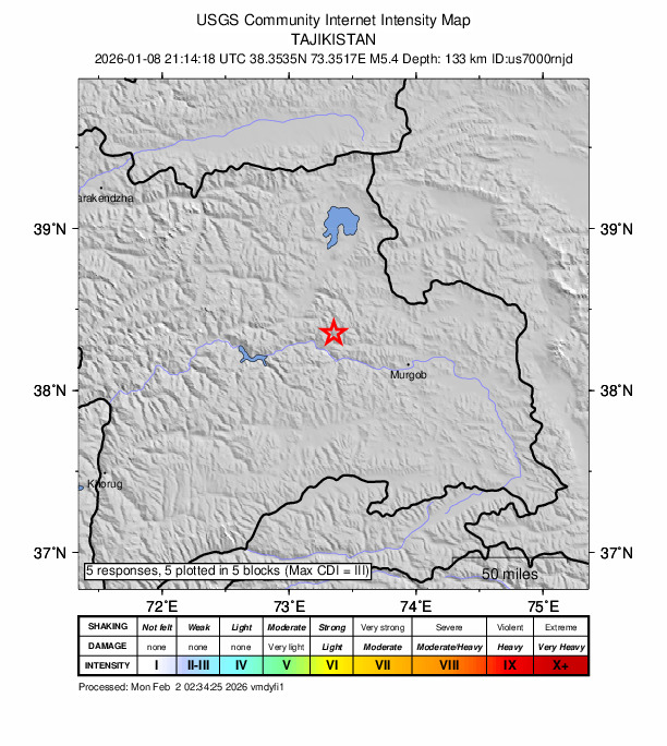USGS DYFI community-reported intensity map for the M5.4 earthquake near 57 km WNW of Murghob, Tajikistan