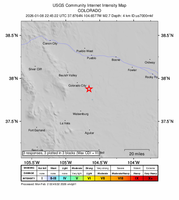 USGS DYFI community-reported intensity map for the M2.6 earthquake near 21 km ESE of Colorado City, Colorado