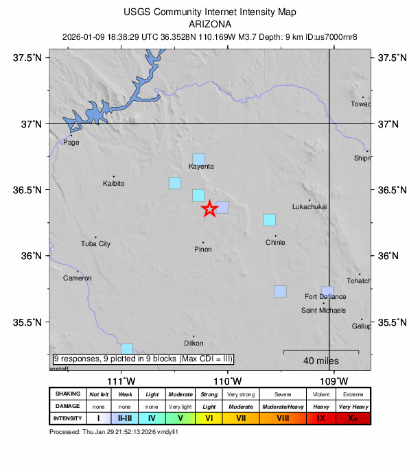 USGS DYFI community-reported intensity map for the M3.7 earthquake near 20 km SSW of Chilchinbito, Arizona