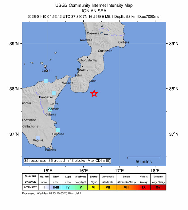 USGS DYFI community-reported intensity map for the M5.1 earthquake near 19 km ESE of Weather Station, Italy