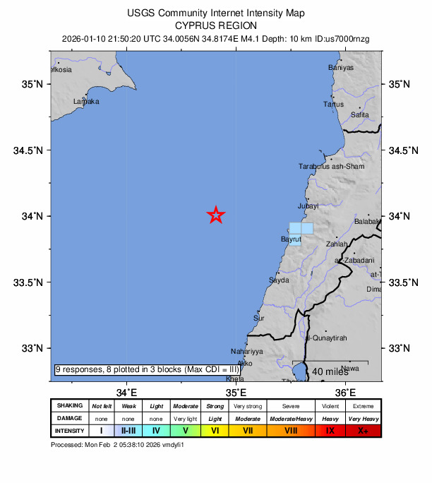 USGS DYFI community-reported intensity map for the M4.1 earthquake near 66 km WNW of Ra’s Bayrūt, Lebanon