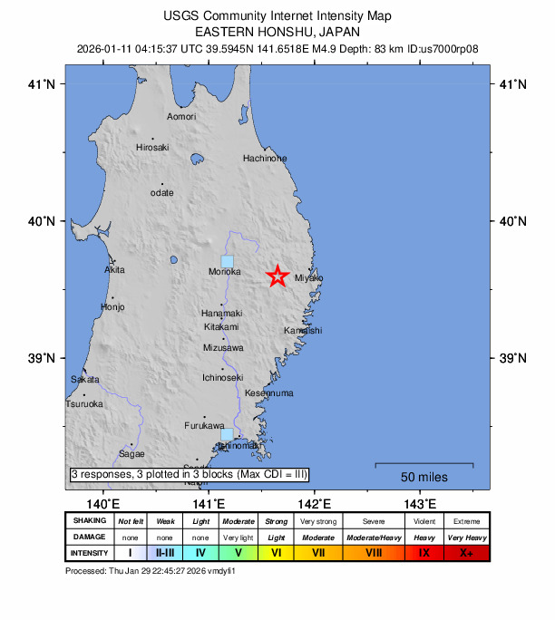 USGS DYFI community-reported intensity map for the M4.9 earthquake near 25 km WSW of Miyako, Japan