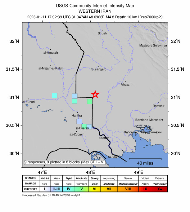 USGS DYFI community-reported intensity map for the M4.8 earthquake near 54 km WSW of Jongīyeh, Iran