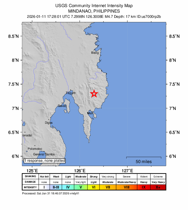 USGS DYFI community-reported intensity map for the M4.7 earthquake near 24 km WSW of San Pedro, Philippines