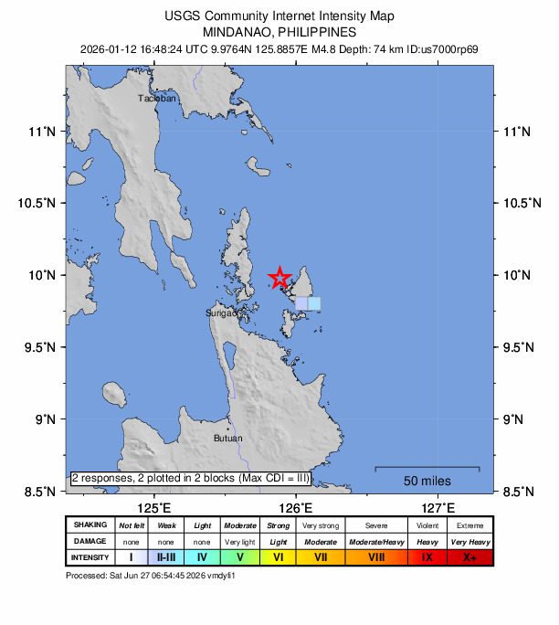 USGS DYFI community-reported intensity map for the M4.8 earthquake near 13 km W of San Benito, Philippines