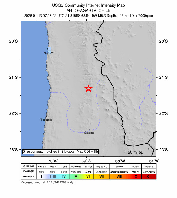 USGS DYFI community-reported intensity map for the M5.3 earthquake near 72 km W of Ollagüe, Chile