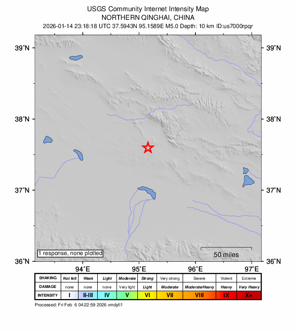 USGS DYFI community-reported intensity map for the M5.0 earthquake near 288 km S of Dunhuang, China