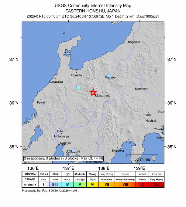 USGS DYFI community-reported intensity map for the M5.1 earthquake near 19 km WSW of Toyoshina, Japan