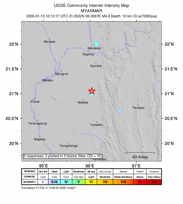USGS DYFI community-reported intensity map for the M4.9 earthquake near 26 km NE of Meiktila, Burma (Myanmar)