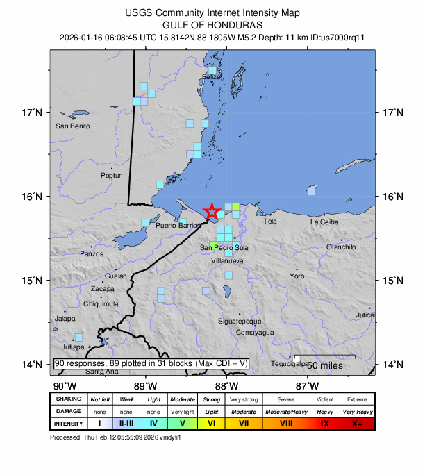 USGS DYFI community-reported intensity map for the M5.2 earthquake near 13 km WNW of Omoa, Honduras