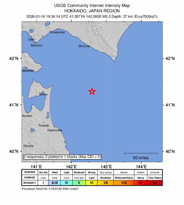 USGS DYFI community-reported intensity map for the M5.3 earthquake near 97 km SSW of Honchō, Japan