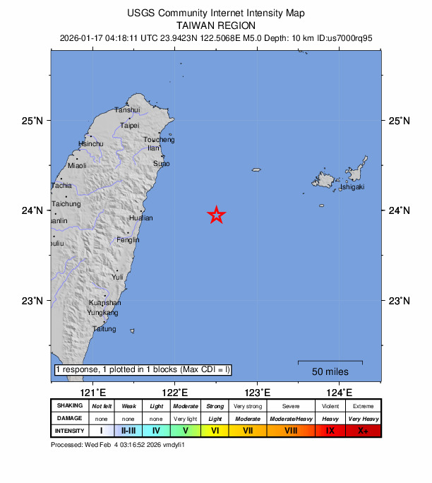 USGS DYFI community-reported intensity map for the M4.9 earthquake near 74 km SW of Yonakuni, Japan