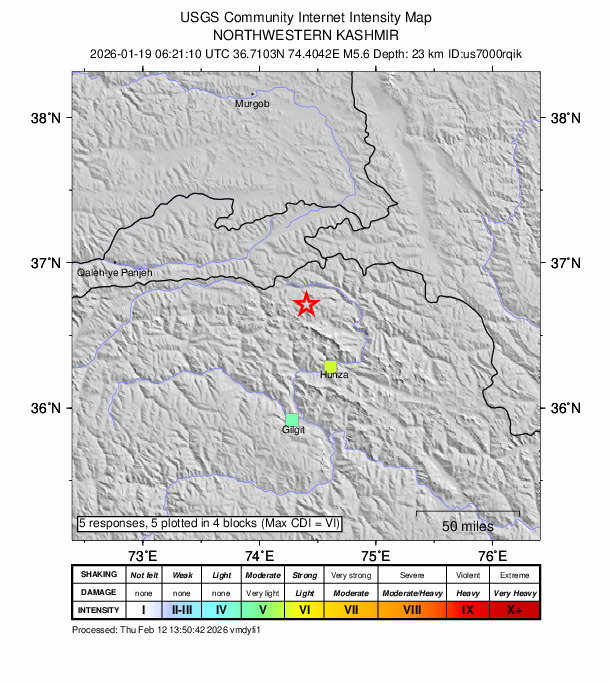 USGS DYFI community-reported intensity map for the M5.6 earthquake near 49 km NNW of Barishal, Pakistan