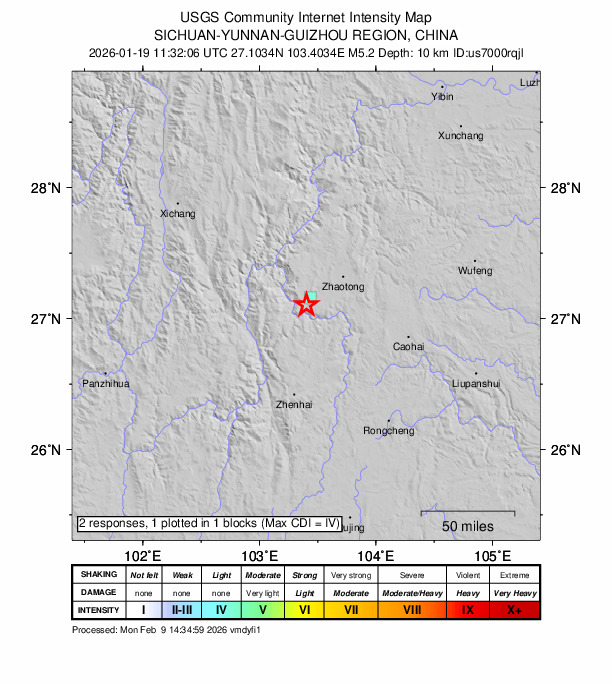 USGS DYFI community-reported intensity map for the M5.2 earthquake near 34 km WSW of Zhaotong, China