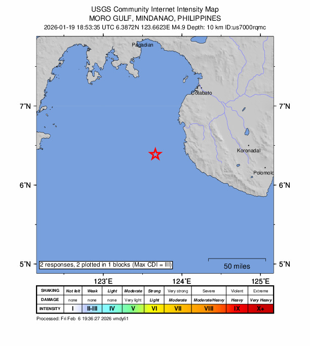 USGS DYFI community-reported intensity map for the M4.9 earthquake near 42 km W of Sangay, Philippines
