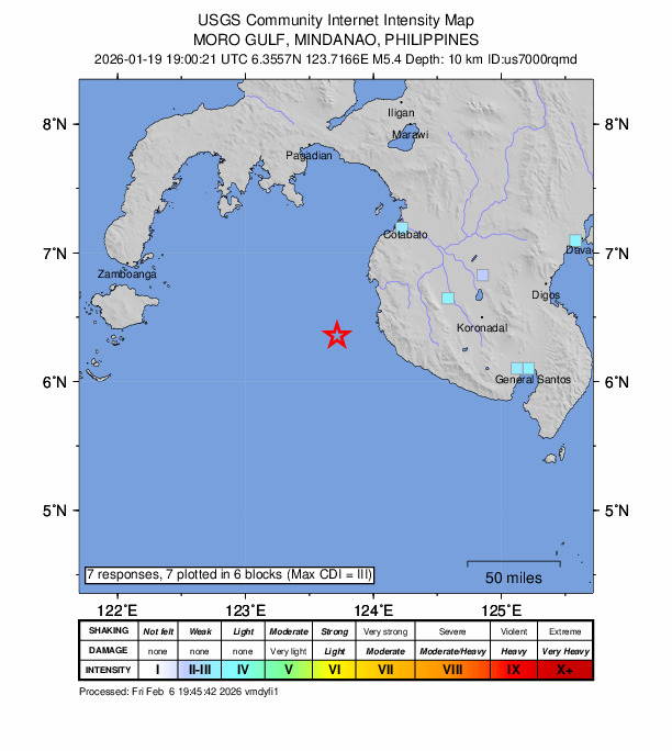 USGS DYFI community-reported intensity map for the M5.4 earthquake near 37 km WSW of Sangay, Philippines